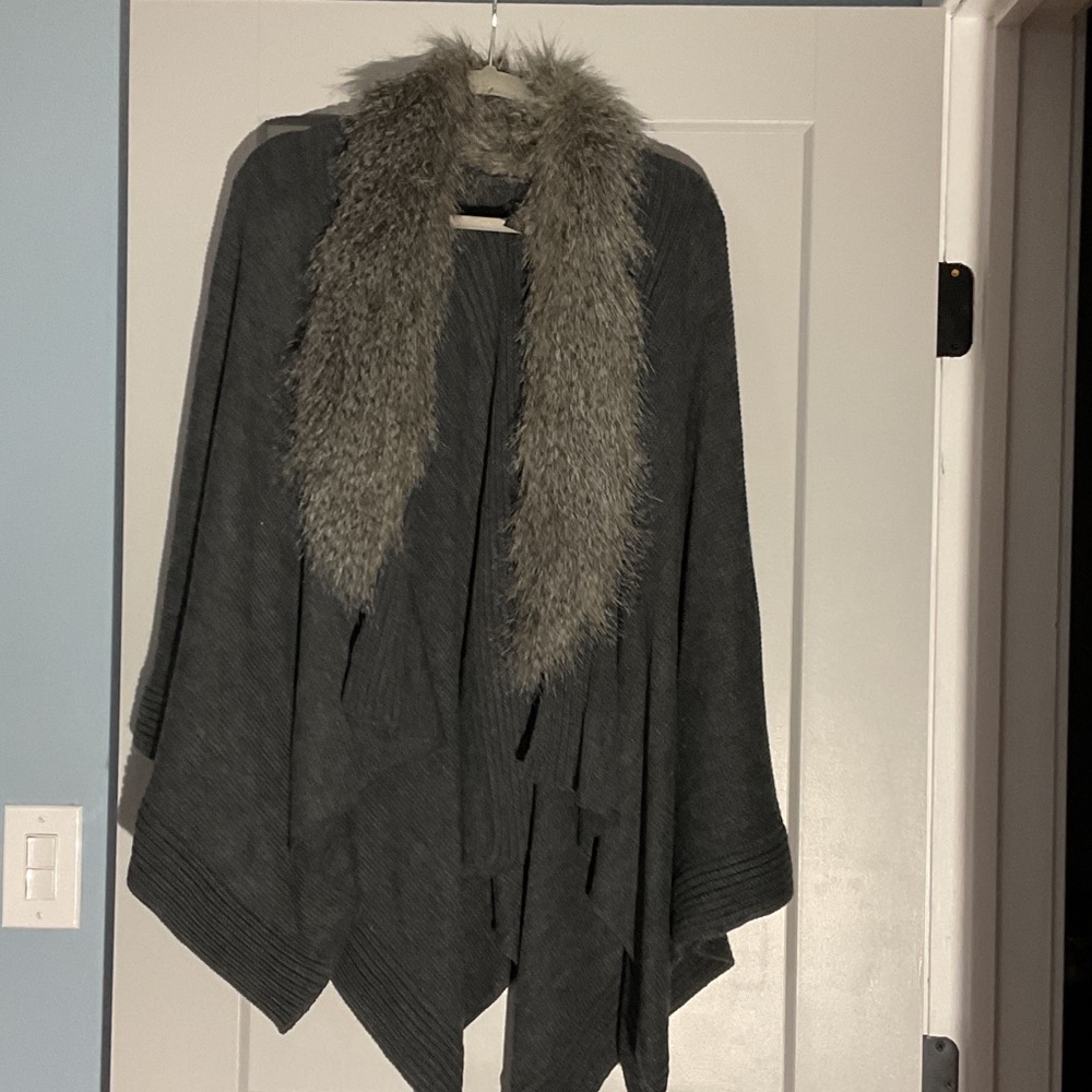 INC Gray Shawl with Faux Fur Collar